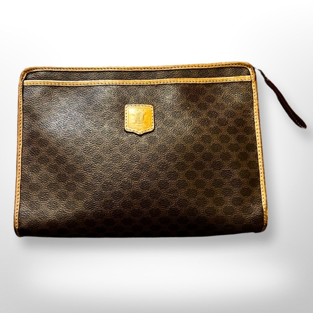 Celine Brown Triomphe PVC and Calfskin Leather Clutch